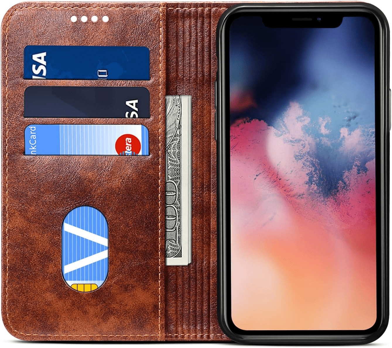 Compatible with Iphone 11 Leather Case, for Iphone 11 Wallet Folio Case Book Design Magnetic Closure with Stand and ID Holder Credit Card Slots for Apple Iphone 11 6.1 Inch 2019 Khaki - Image 2