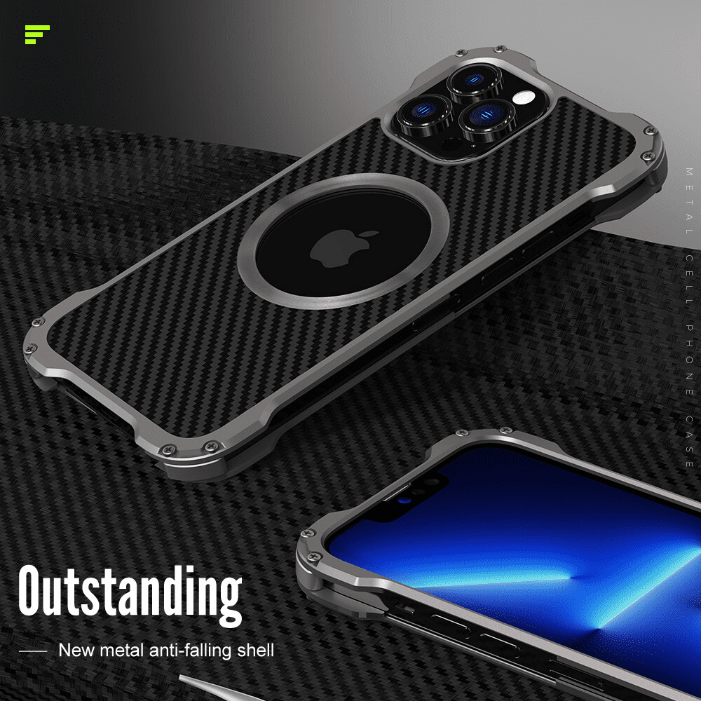 For Iphone 15 16 Pro Max 14 13 Shockproof Armor Aluminum Metal Carbon Fiber Case