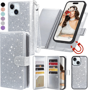 for Iphone 13 Wallet Case Detachable with Card Holder for Women Girls, Fashion Glitter PU Leather Wrist Strap Strong Magnetic Flip Wallet Removable Phone Case Cover for Iphone 13 6.1", Silver